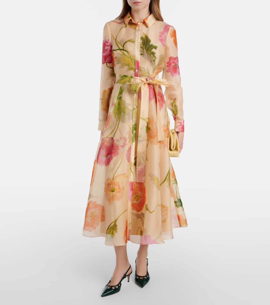 Belted floral silk shirt dress