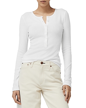 Henley button-up ribbed-knit top - White
