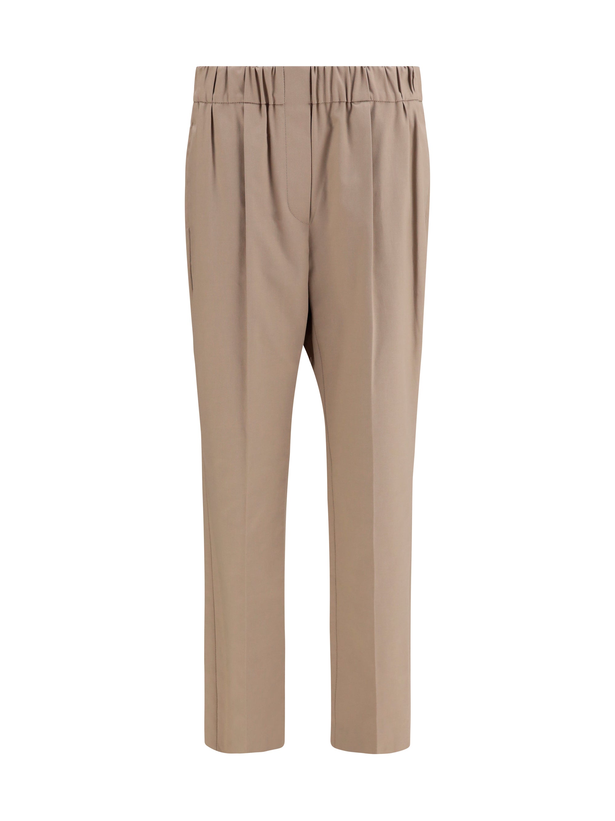 Elasticated Straight-Leg Trousers — Beige