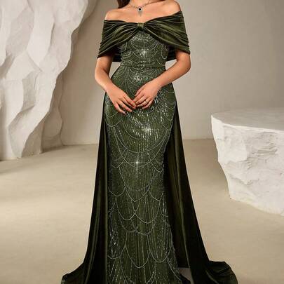 Women's Luxury Evening Dress, Elegant Off-Shoulder Velvet Gown With Heavy Sequins, Formal Party Dress With Train, Suitable For Formal Occasions, Autu