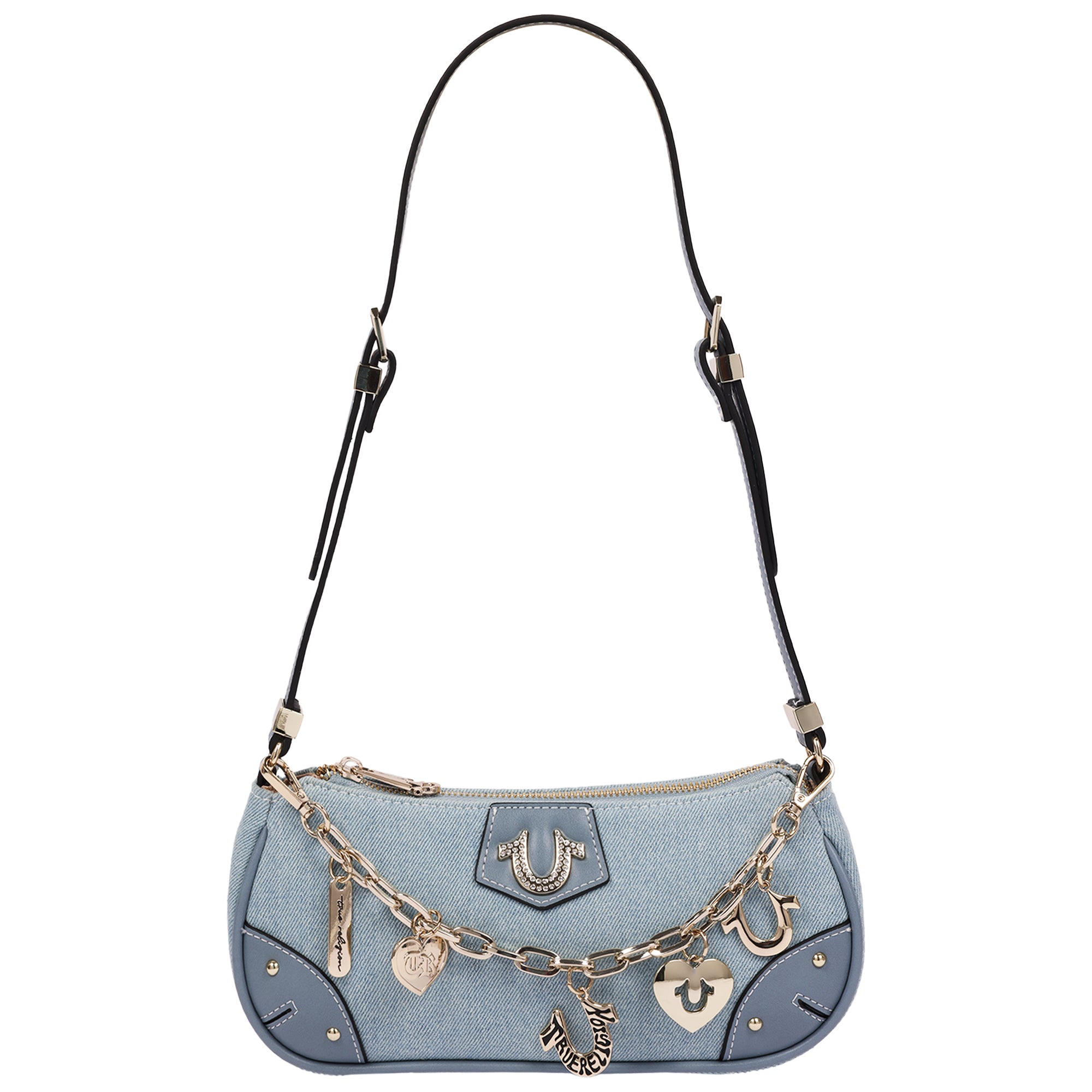 Horseshoe Chain Denim Shoulder Bag - Charm Detail Zip Top Purse with Adjustable Strap