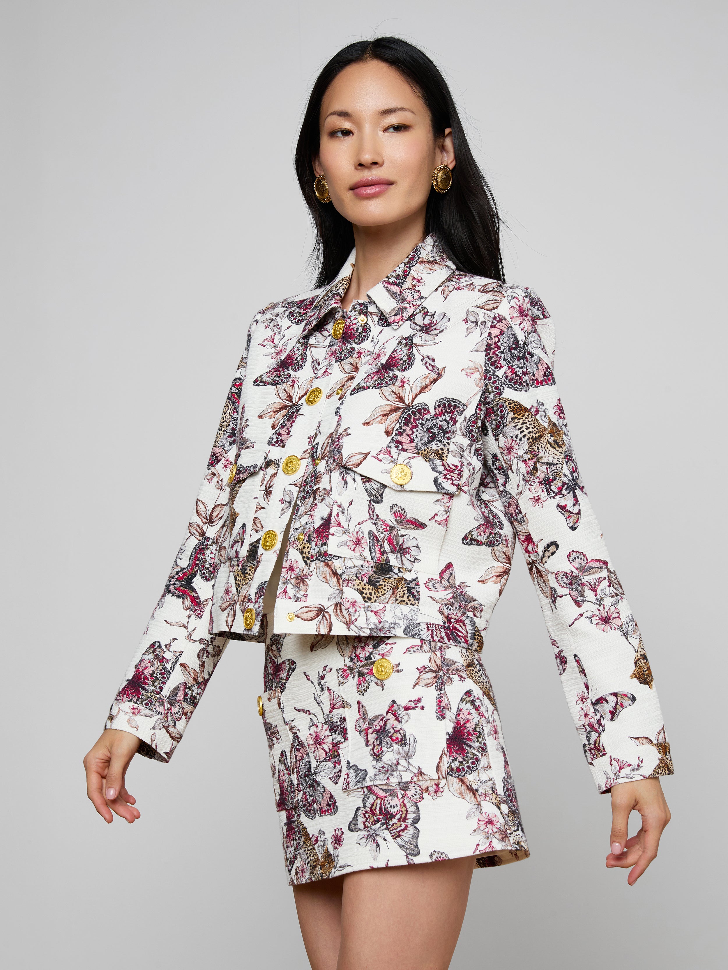 Nyx Cropped Jacket In White Multi Large Butterfly Jungle