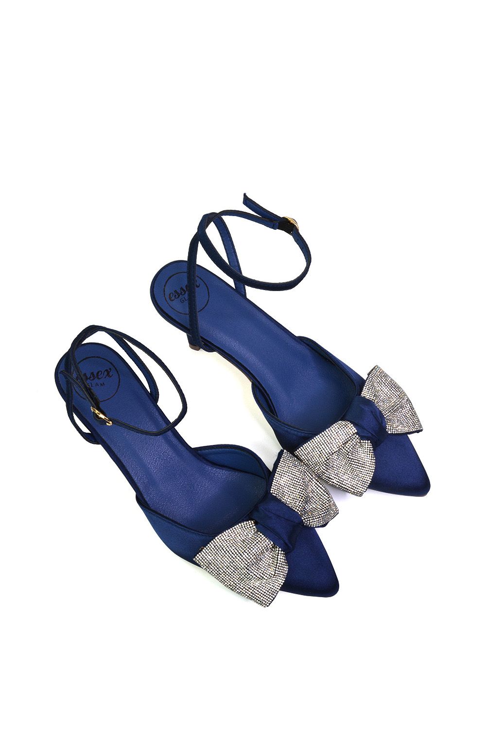 XY London Women's 'Solene' Diamante Bow Pointed Toe Court Shoes Mid Stiletto Bridal Heels in Navy