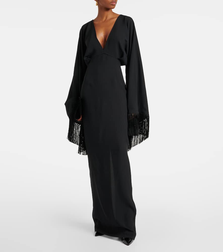 Magnifique fringed crêpe gown
