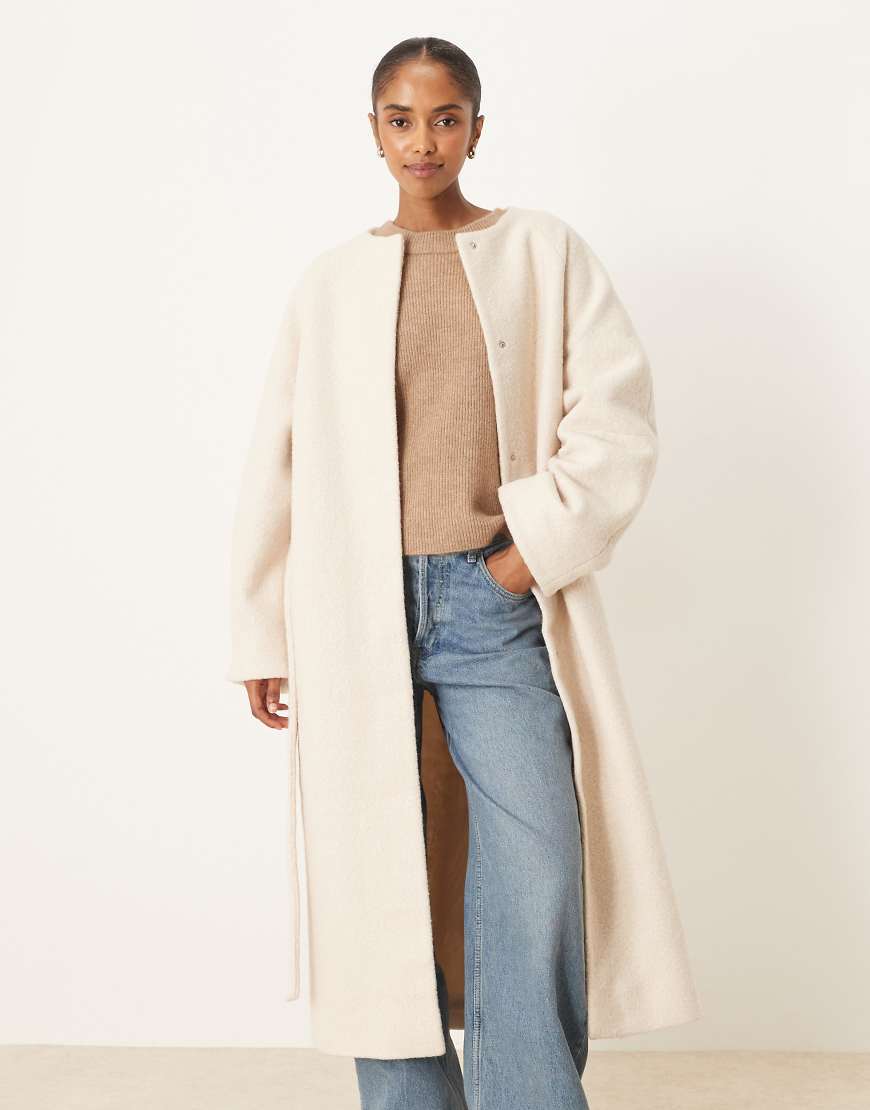 Collarless boucle longline formal coat in oatmeal-Neutral