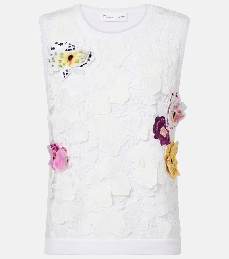 Lace-trimmed floral-appliqué cotton-blend top