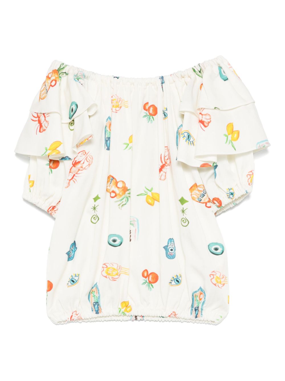 Andorine mediterranean-print ruffle blouse - Neutrals