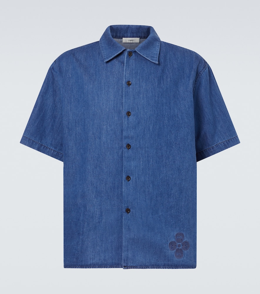 Embroidered oversized cotton-blend denim bowling shirt