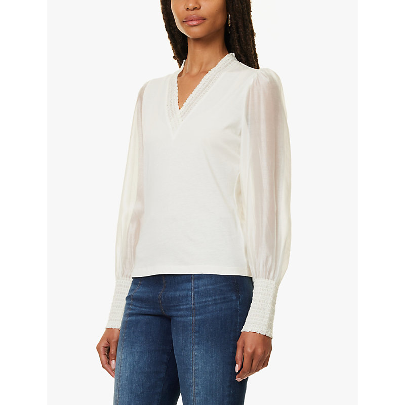 Womens Cream Fluid Layering Frilled-trims Cotton-blend Top