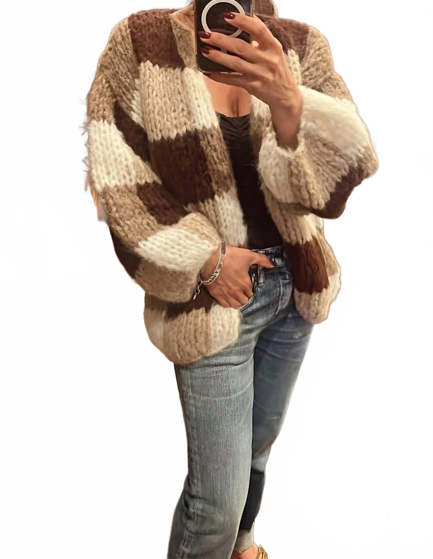 Fleecy Alpaca Checkered Cardigan In Brown/white
