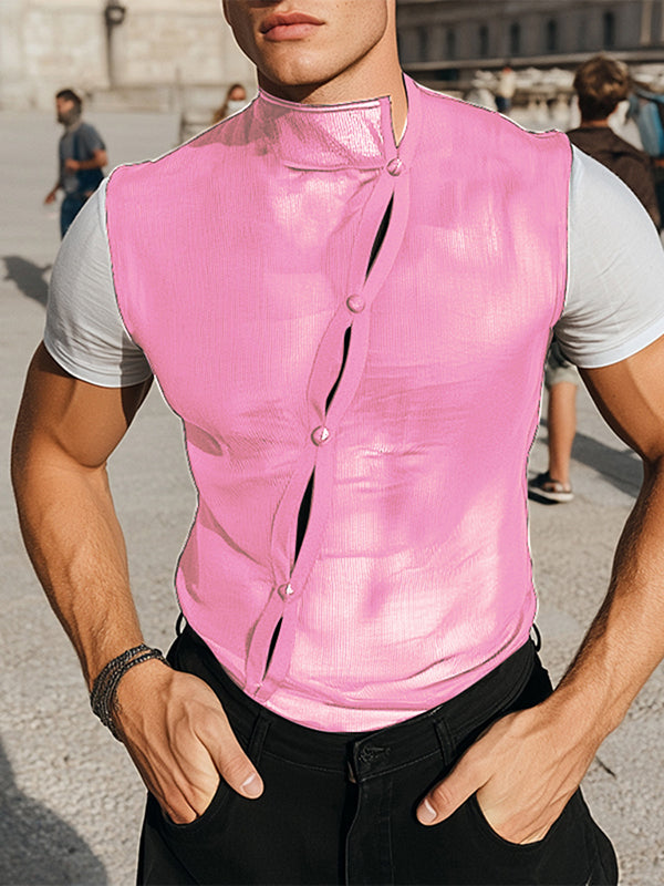 Mens Sheer Mesh Patchwork Colorblock Short Sleeve T-Shirt SKUL05494 - Pink / S