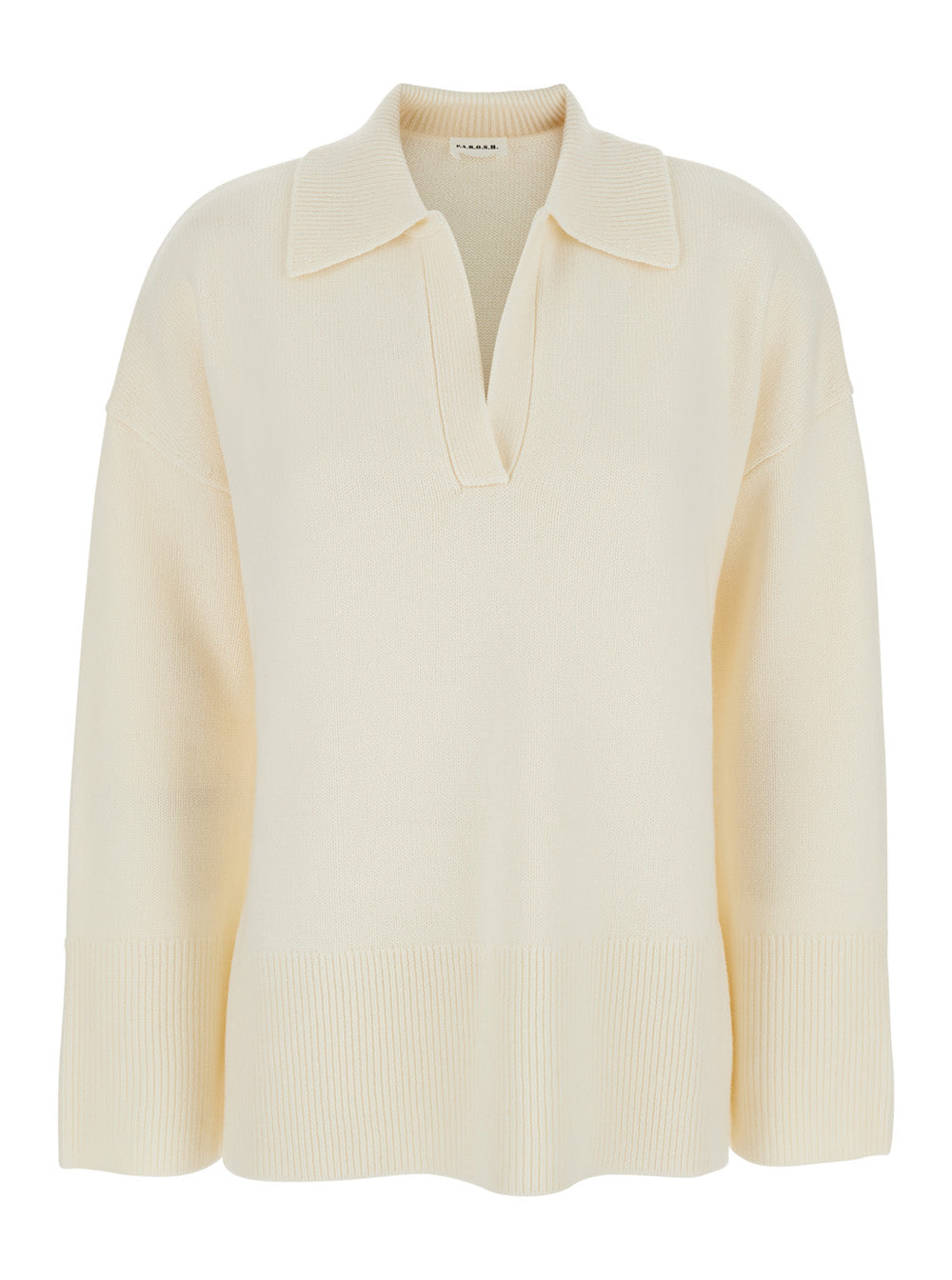 Wool-Cashmere Polo Collar Sweater — White