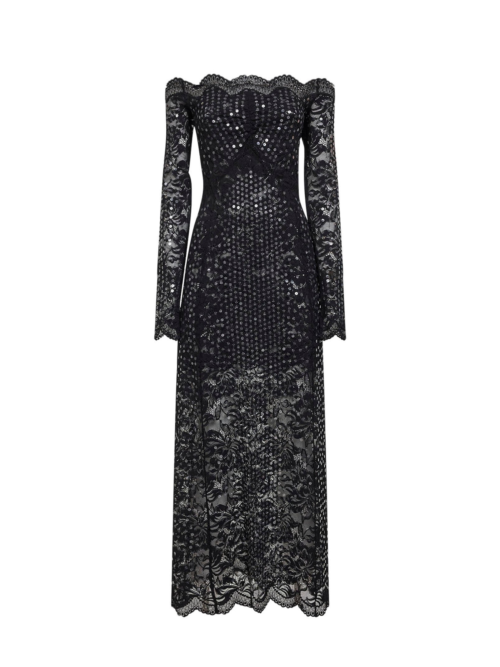 Embroidered-Sequin Lace Midi Dress — Black