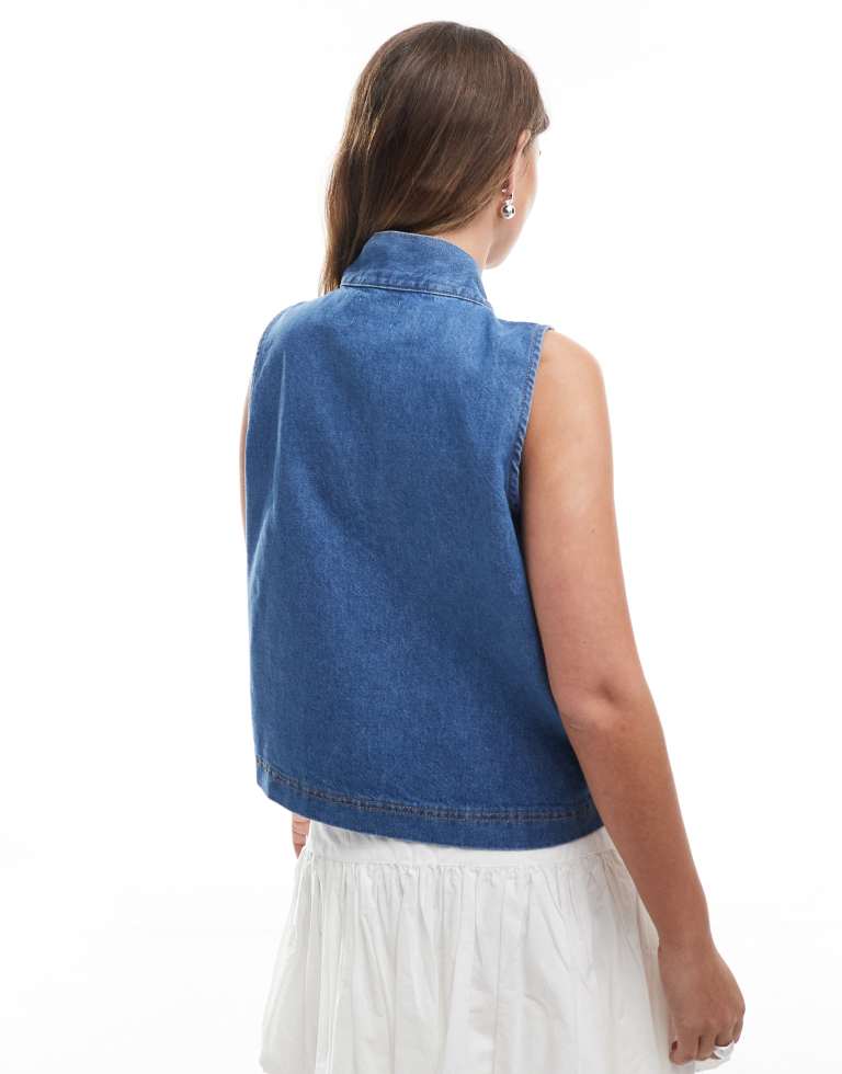 ASOS DESIGN Womens a-line denim top with bow tie neck - Sky Blue