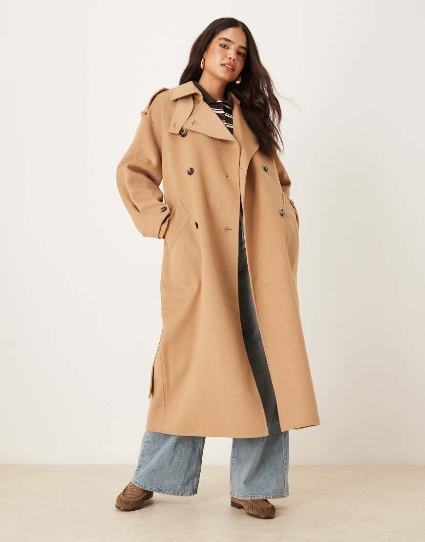 Premium wool blend maxi trench coat in brown