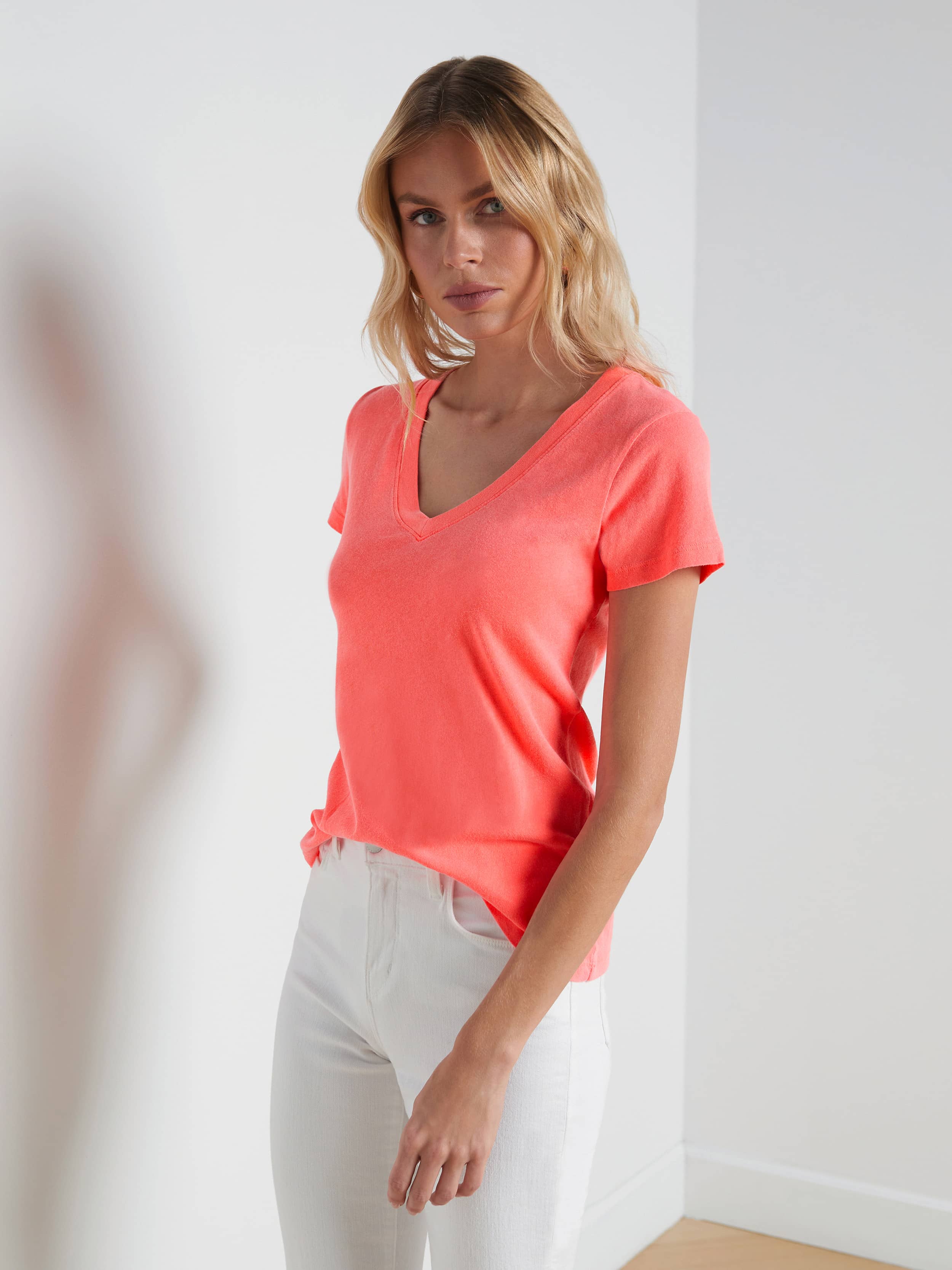 Becca Cotton V-Neck T-Shirt In Coral