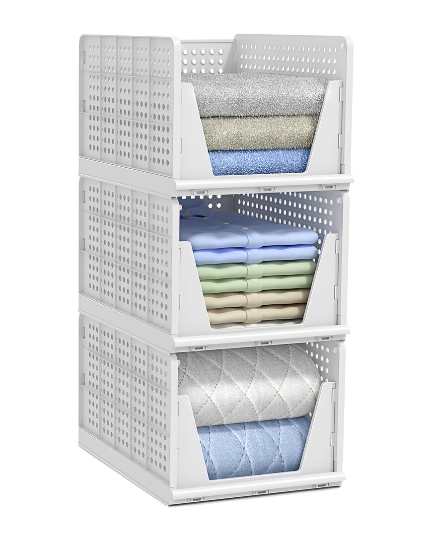 Set of 3 Large Foldable Open-Front Stackable Plastic Baskets