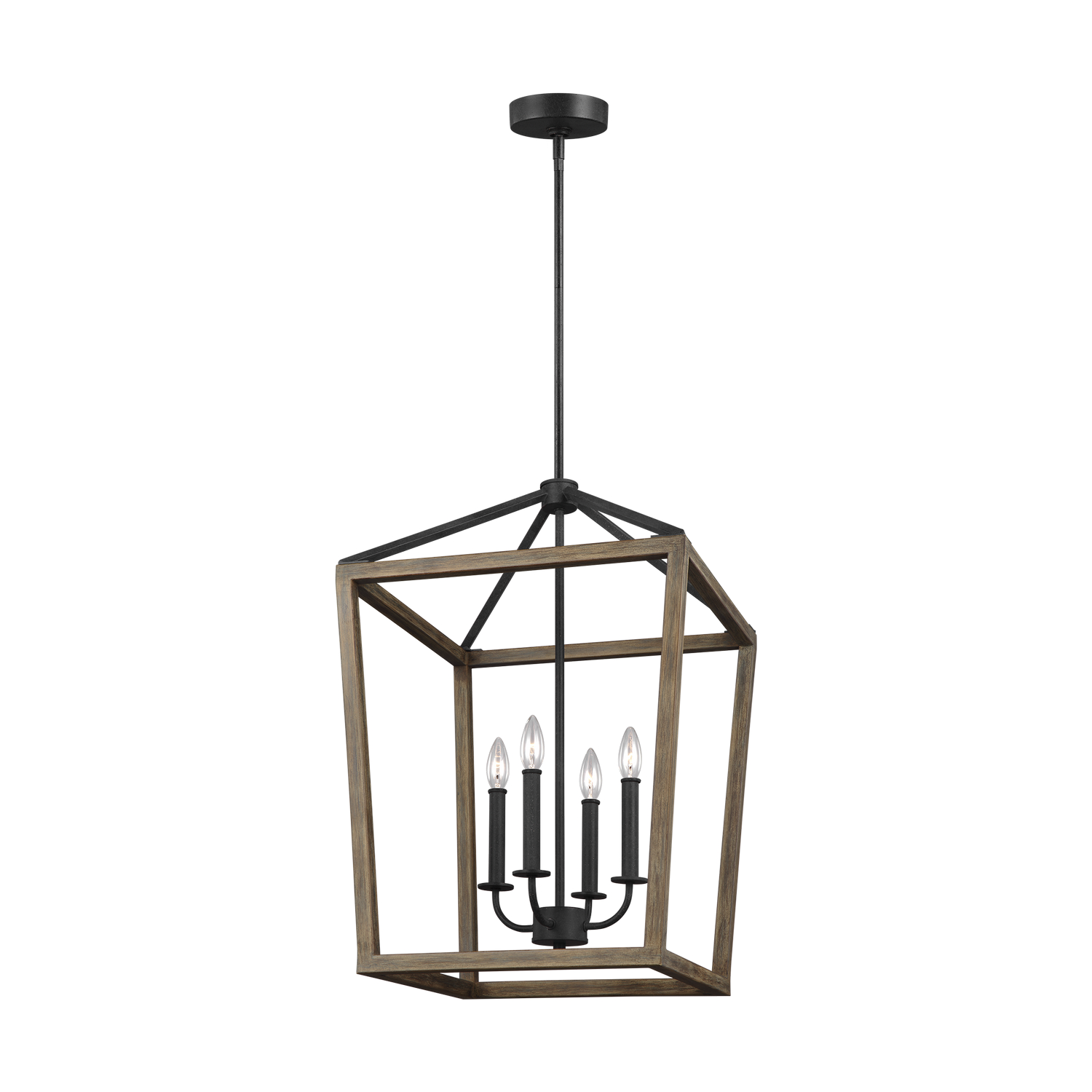 Visual Comfort Studio Gannet 4-Light Chandelier in Weathered Oak Wood And Antique Forged Iron by Sean Lavin