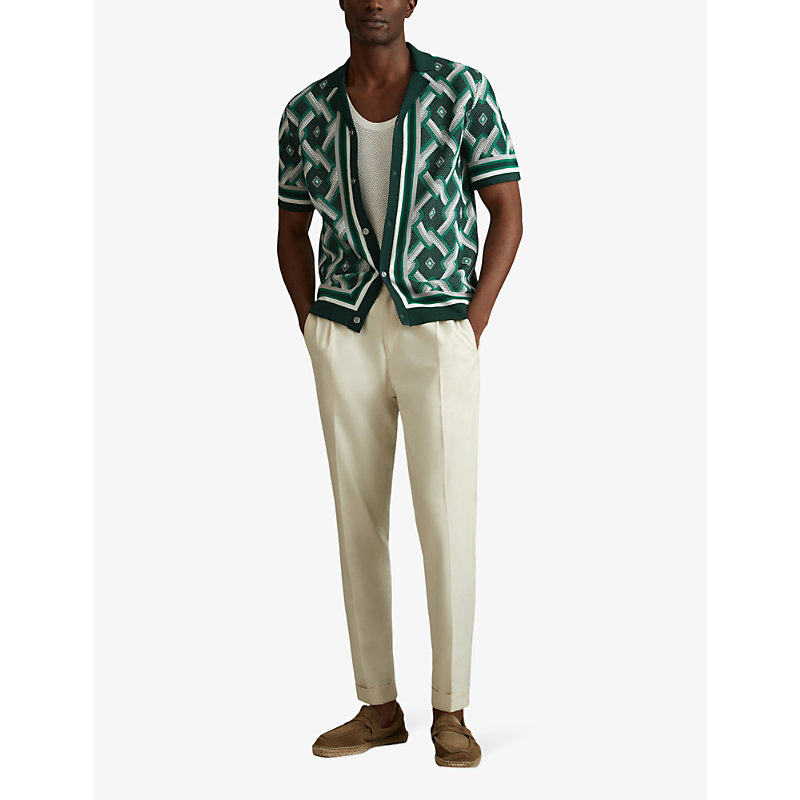 Mens Green Multi Hyde Geometric-print Short-sleeve Knitted Shirt S