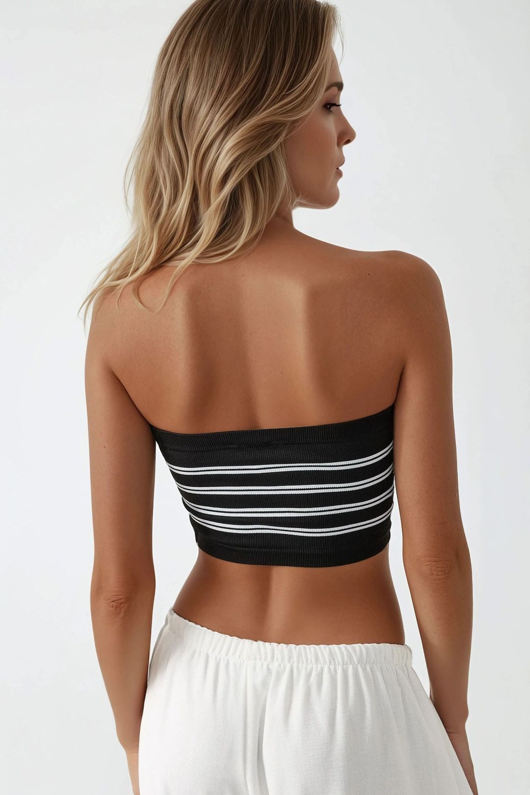 Hiccup Womens Strapless Striped Ribbed Crop Top - Black - Mediu