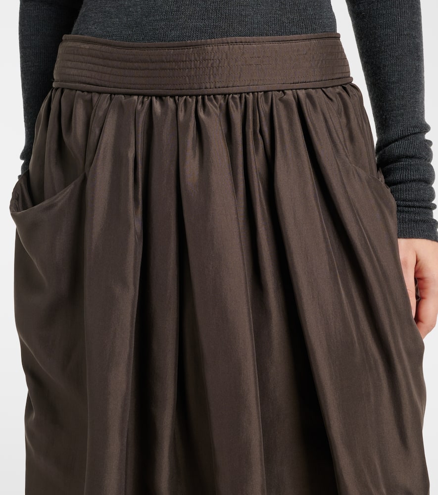 Draped semi-sheer silk midi skirt