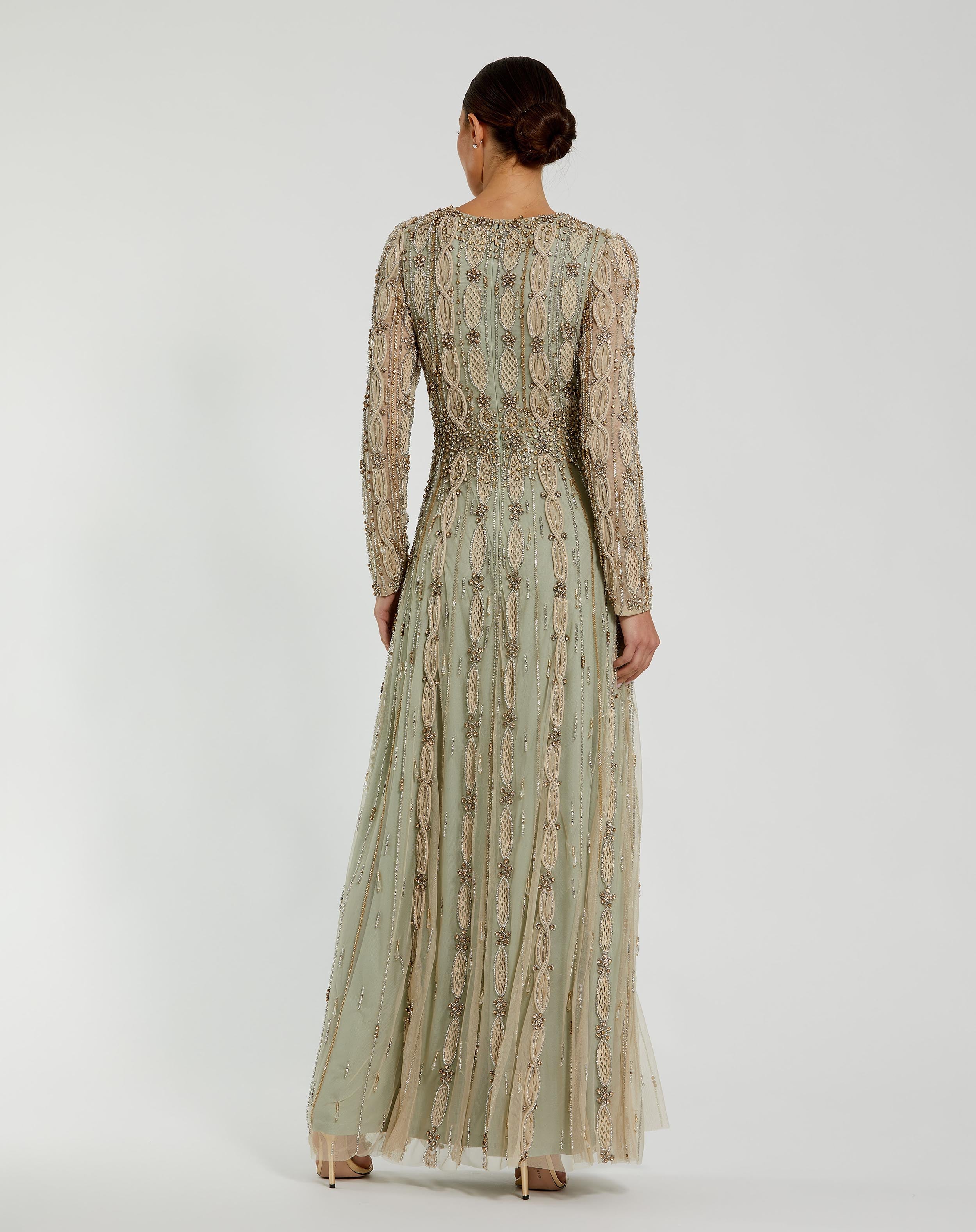 Green Embellished Mesh Long Sleeve A Line Maxi Gown In Sand Sage Green