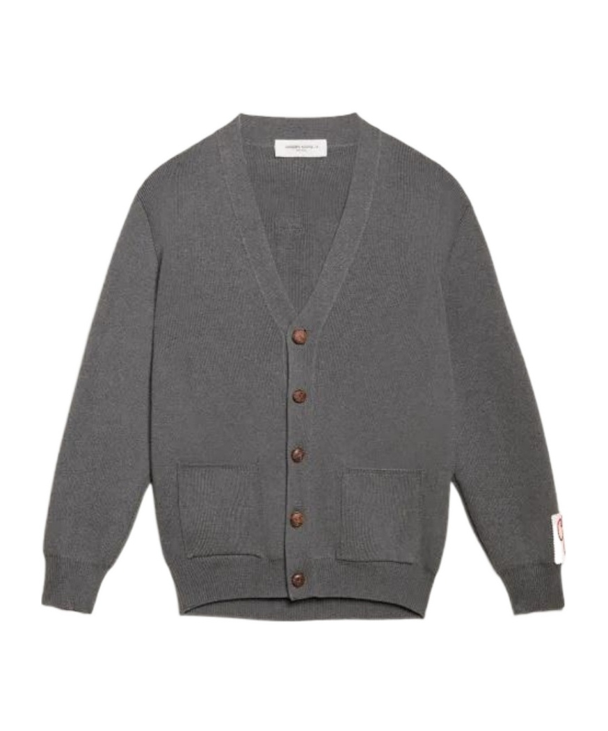 Mens Golden Collection cardigan in dark gray melange cotton with contrasting white logo on the back
