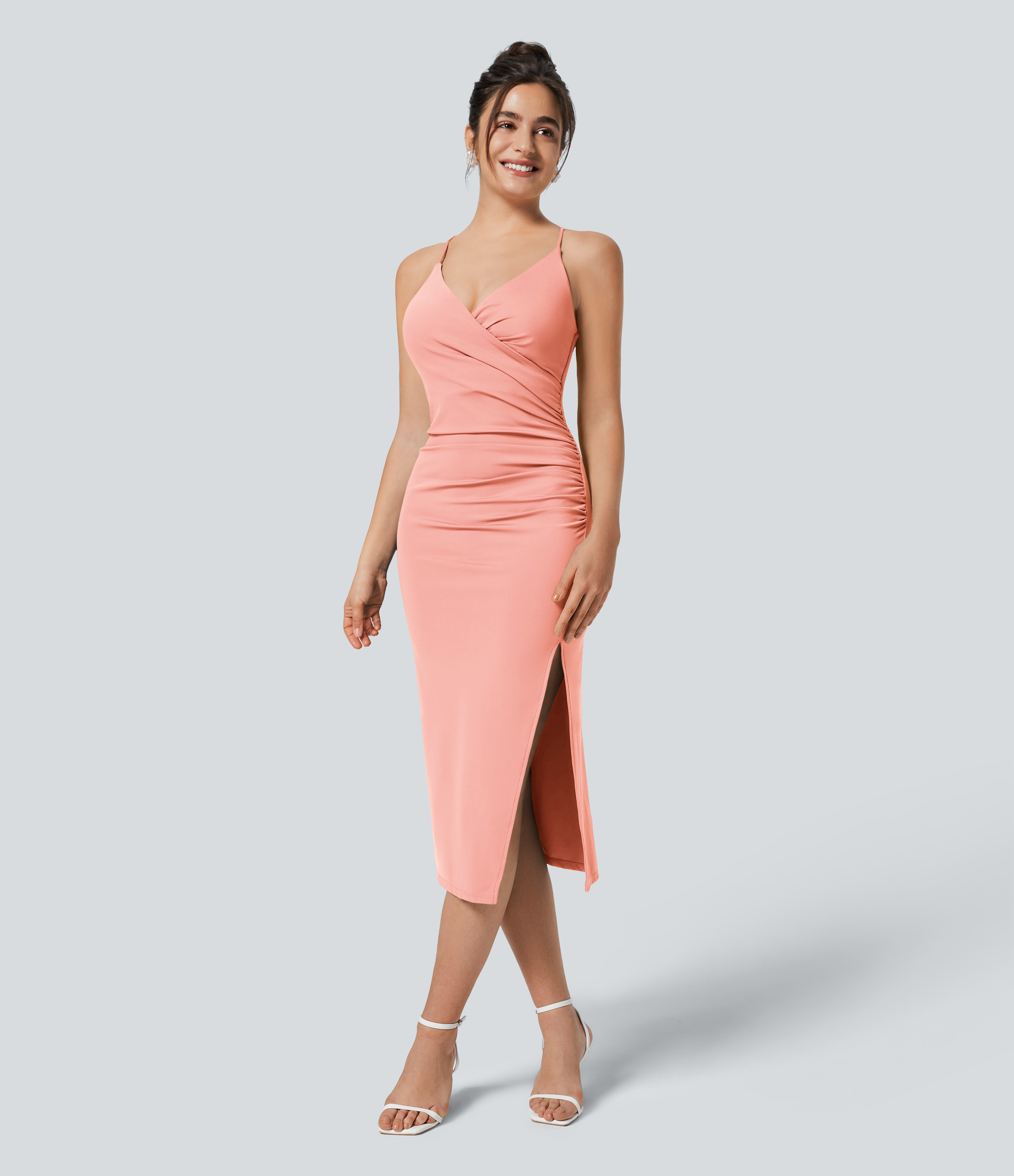 SoftlyZero™ Airy Crossover Ruched Lace Up Bodycon Cool Touch Dress-UPF50+ Casual Dress - Peach Melba