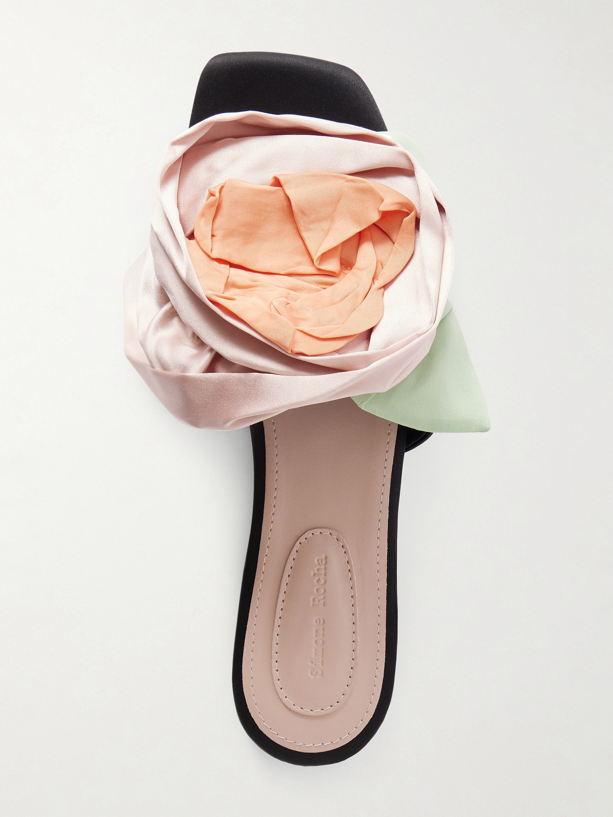 Floral-appliquéd Satin Slides - Black