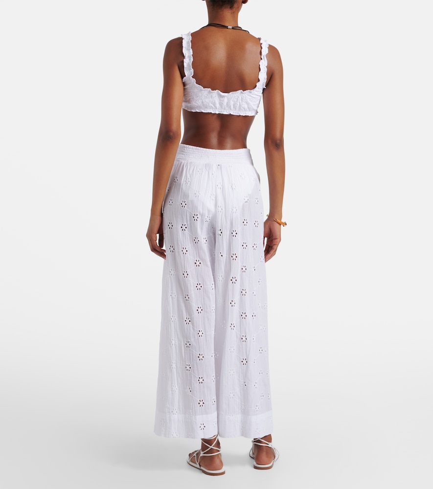 Broderie anglaise cotton poplin wide-leg pants