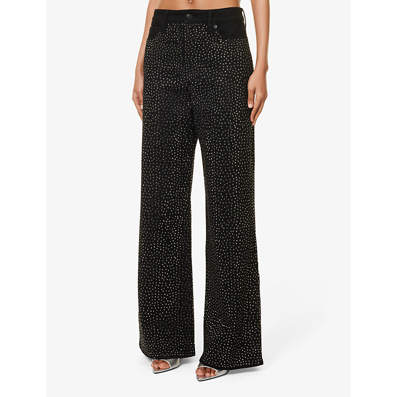 Womens Black Good Ease Rhinestone-embellished Wide-leg Recycled Denim-blend Jeans