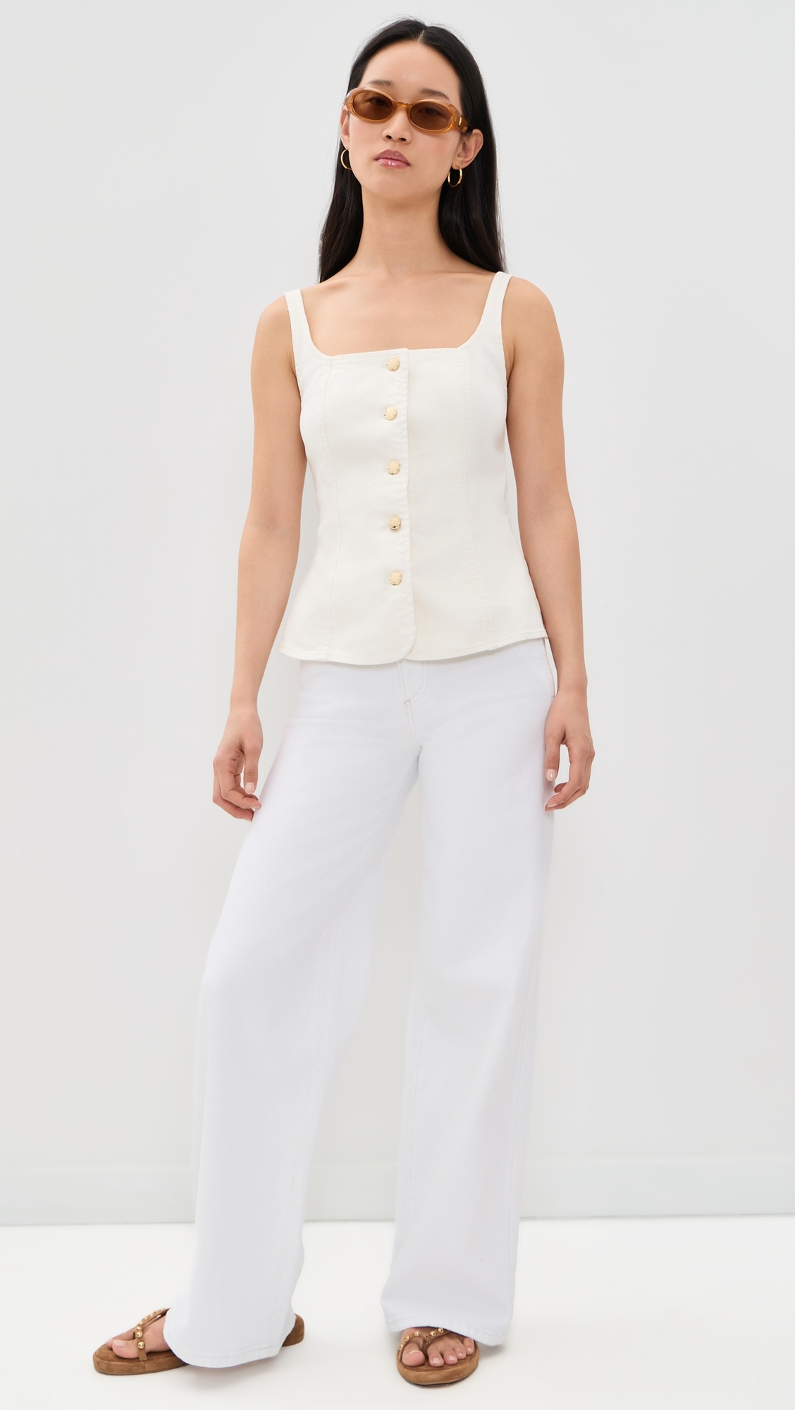 Sleeveless Denim Button Front Top Cotton White