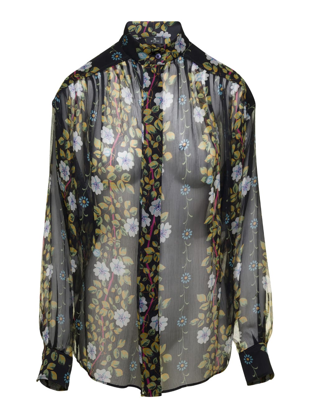 Black Semi-Sheer Floral Print Blouse In Silk Woman