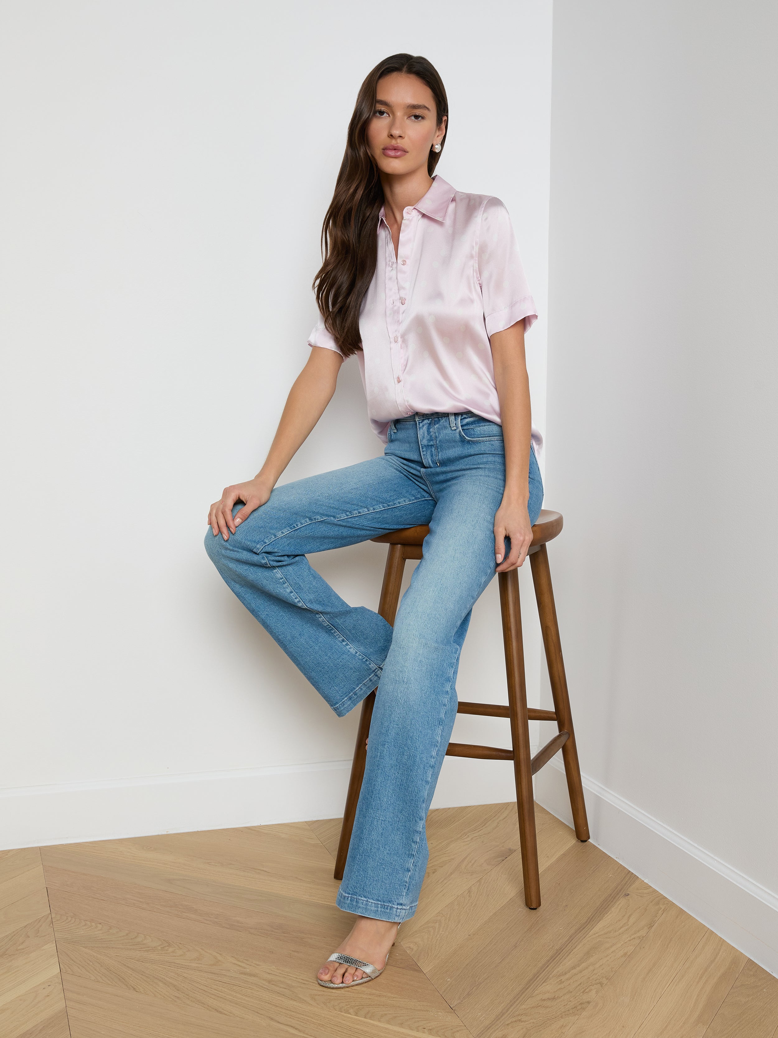 Ellah Silk Blouse Top In Icy Lilac/ivory Polka Dot