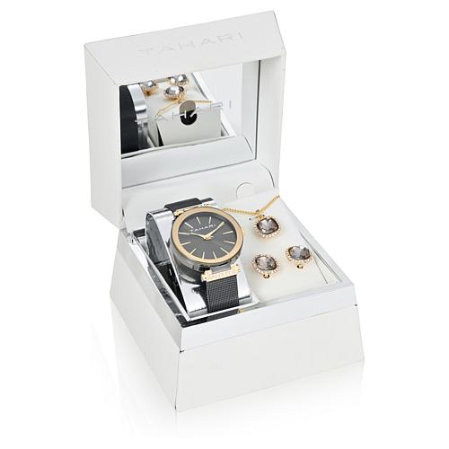 Goldtone and Black Women's Crystal Watch and Jewelry Set