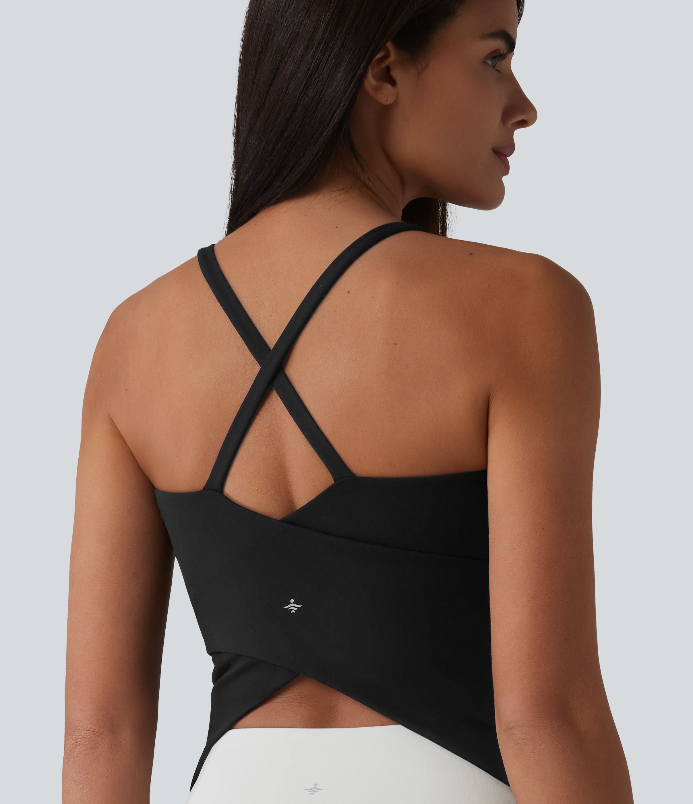 Scoop Neck Crisscross Back Crossover Hem Built-in Bra Yoga Cami Top DD-F Cups Tank Top - Black