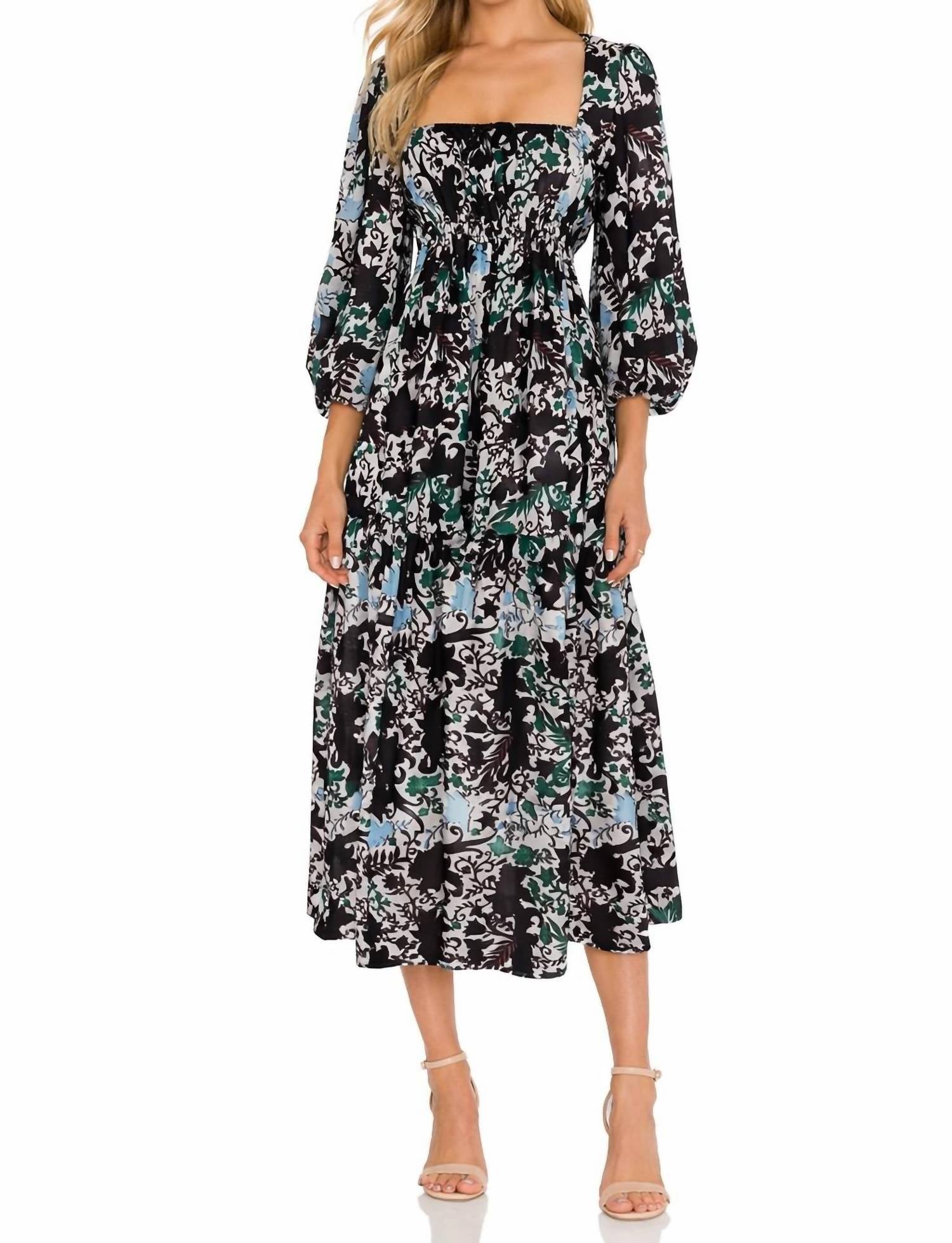 Abstract Floral Puff Sleeve Midi Dress In Multi