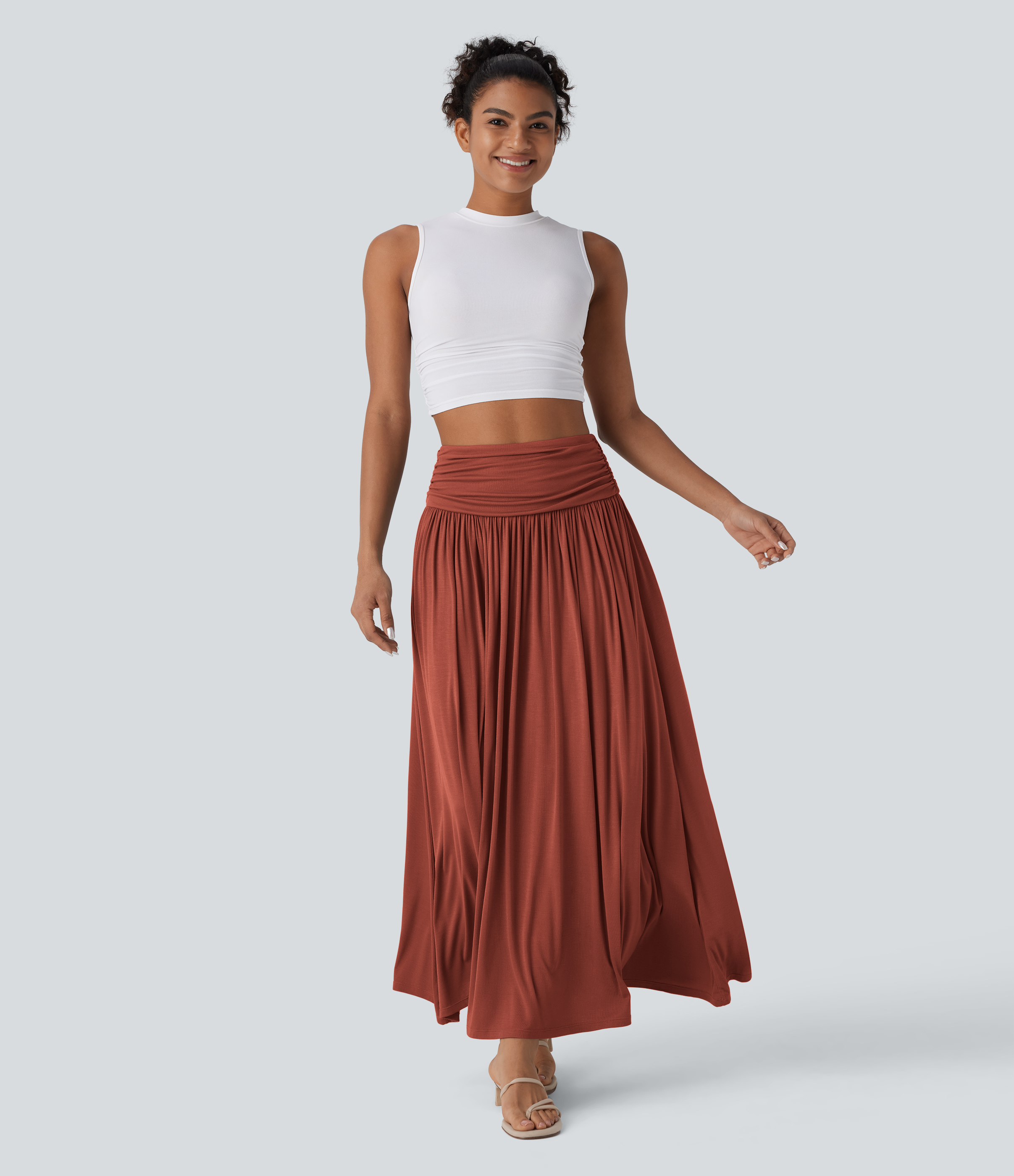 Halara High Waisted Ruched Flowy Maxi Casual Skirt - Rooibos Tea - XLregular