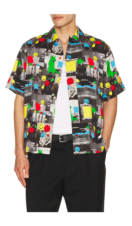 Market Smiley Collage Woven Shirt in Black. XL/1X. Also in L