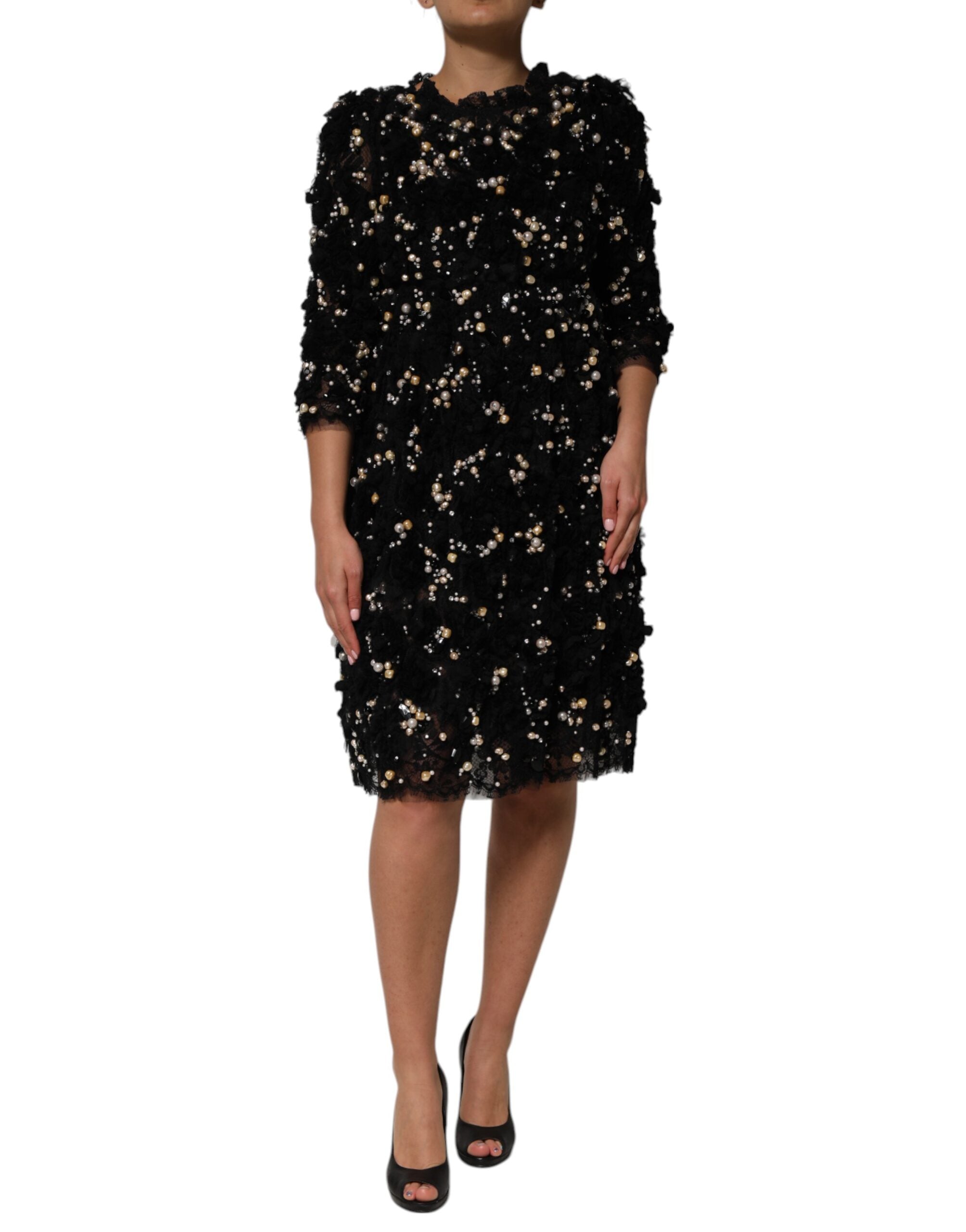 Pearl-Embellished Ruffled Shift Dress — Black