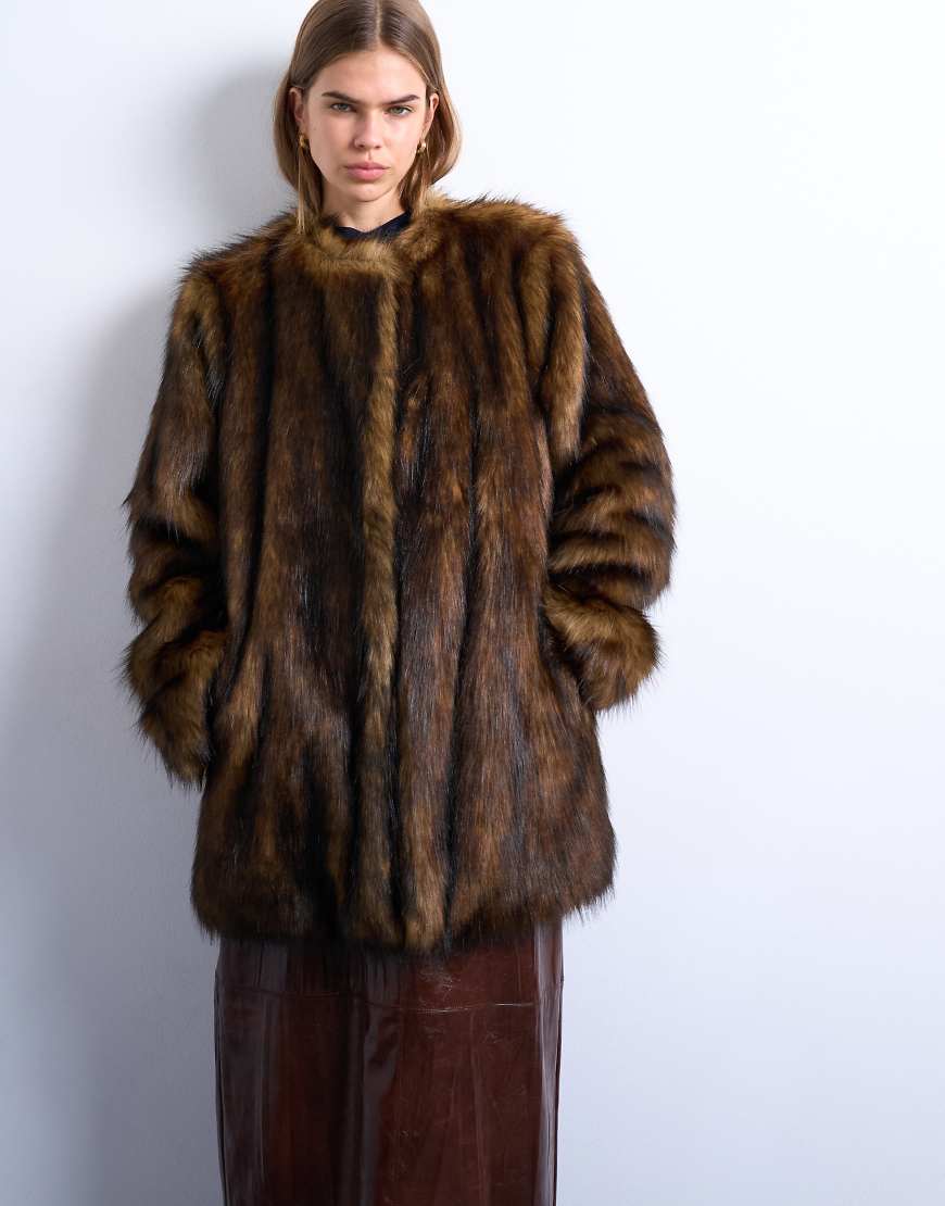 Faux fur collarless mid length coat in ginger-Multi