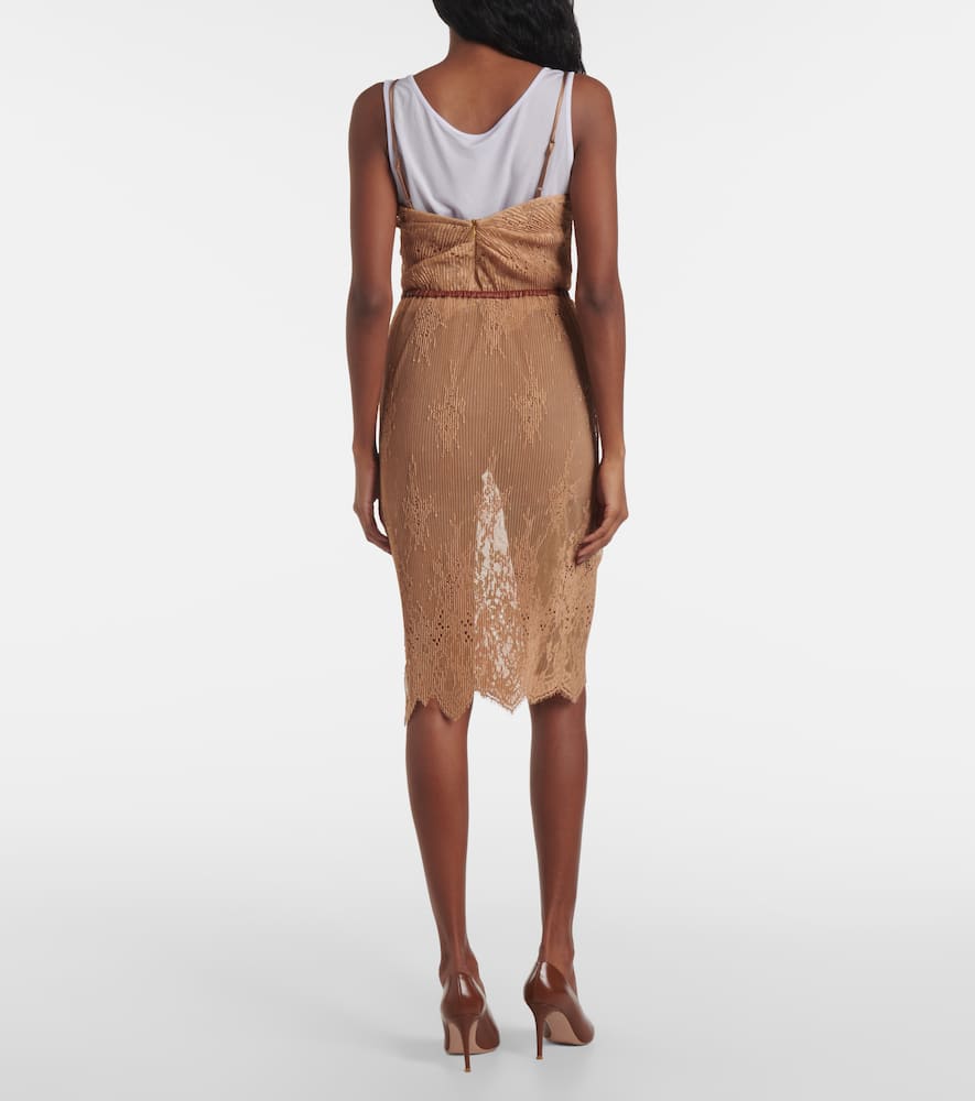 Layered leather-trimmed lace midi skirt