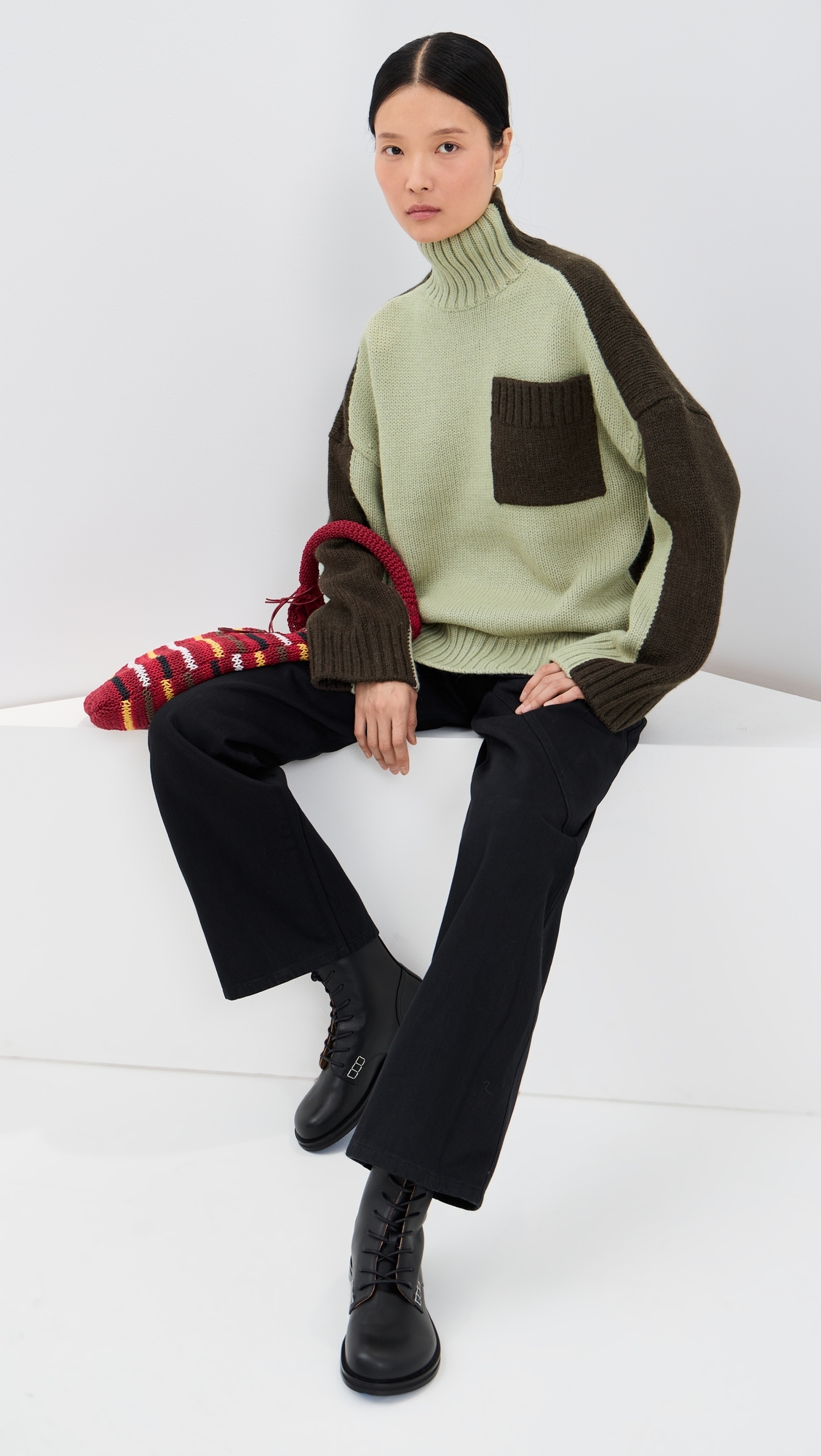 Two Tone Patch Pocket Sweater Nougat/Chocolate 