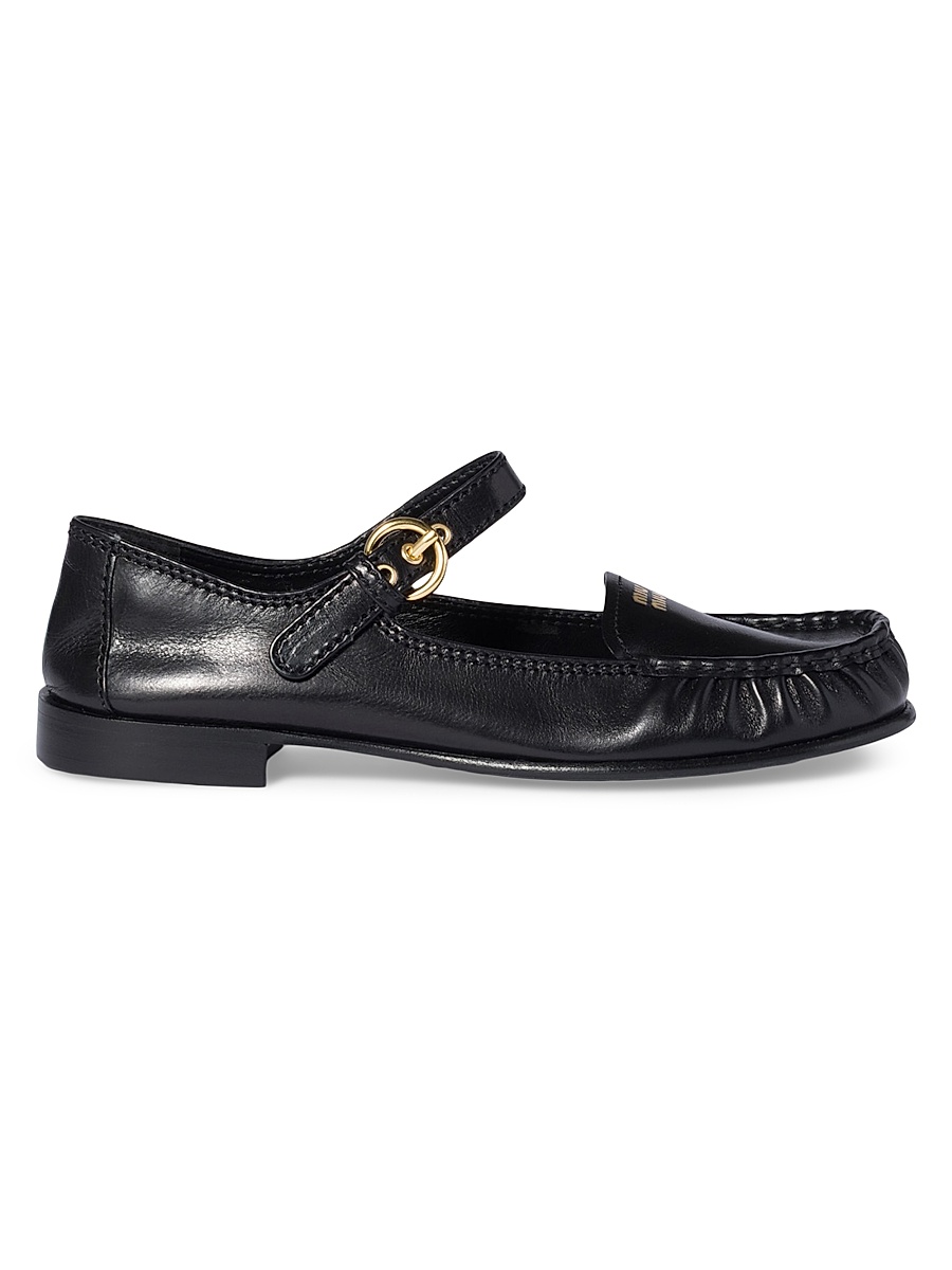Women's Leather Loafers with Strap - Black