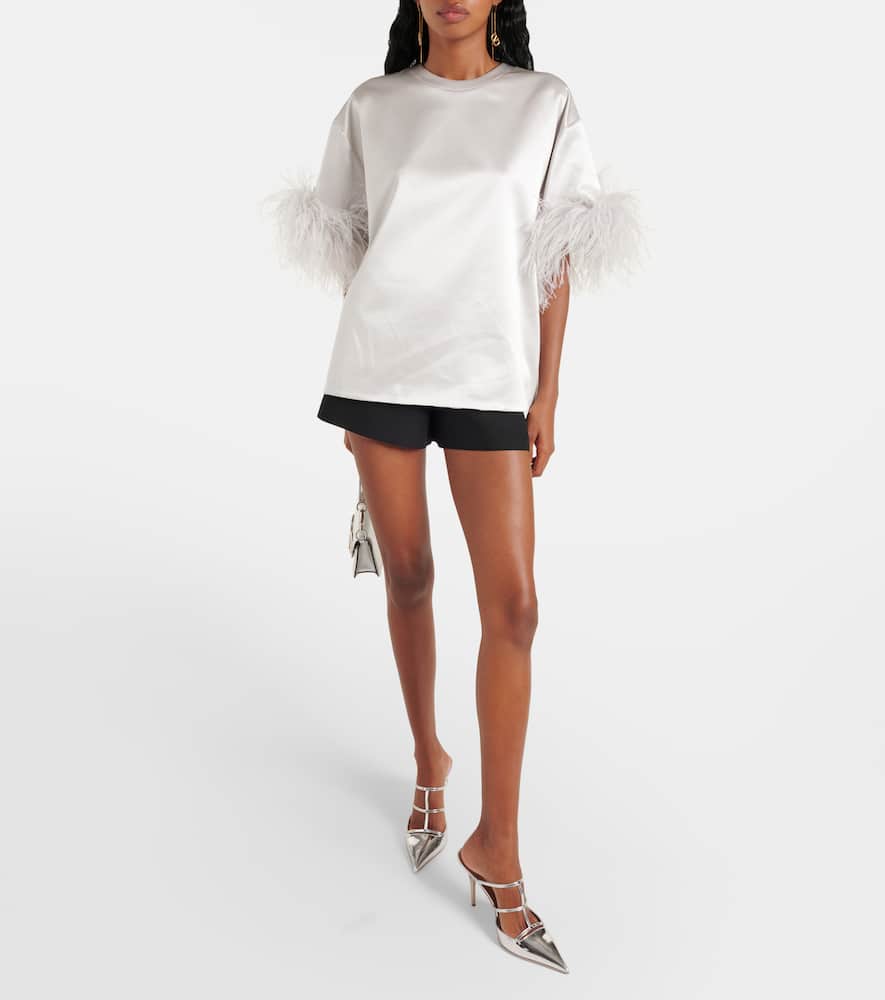 Feather-trimmed silk satin top