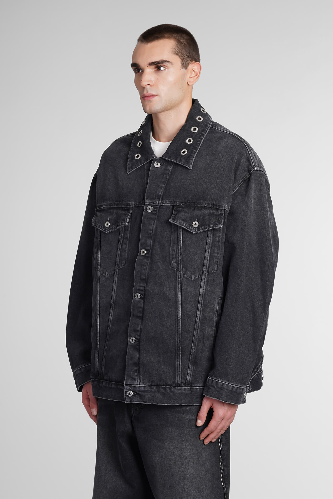 Eyelet-detail drop-shoulder denim jacket - Black