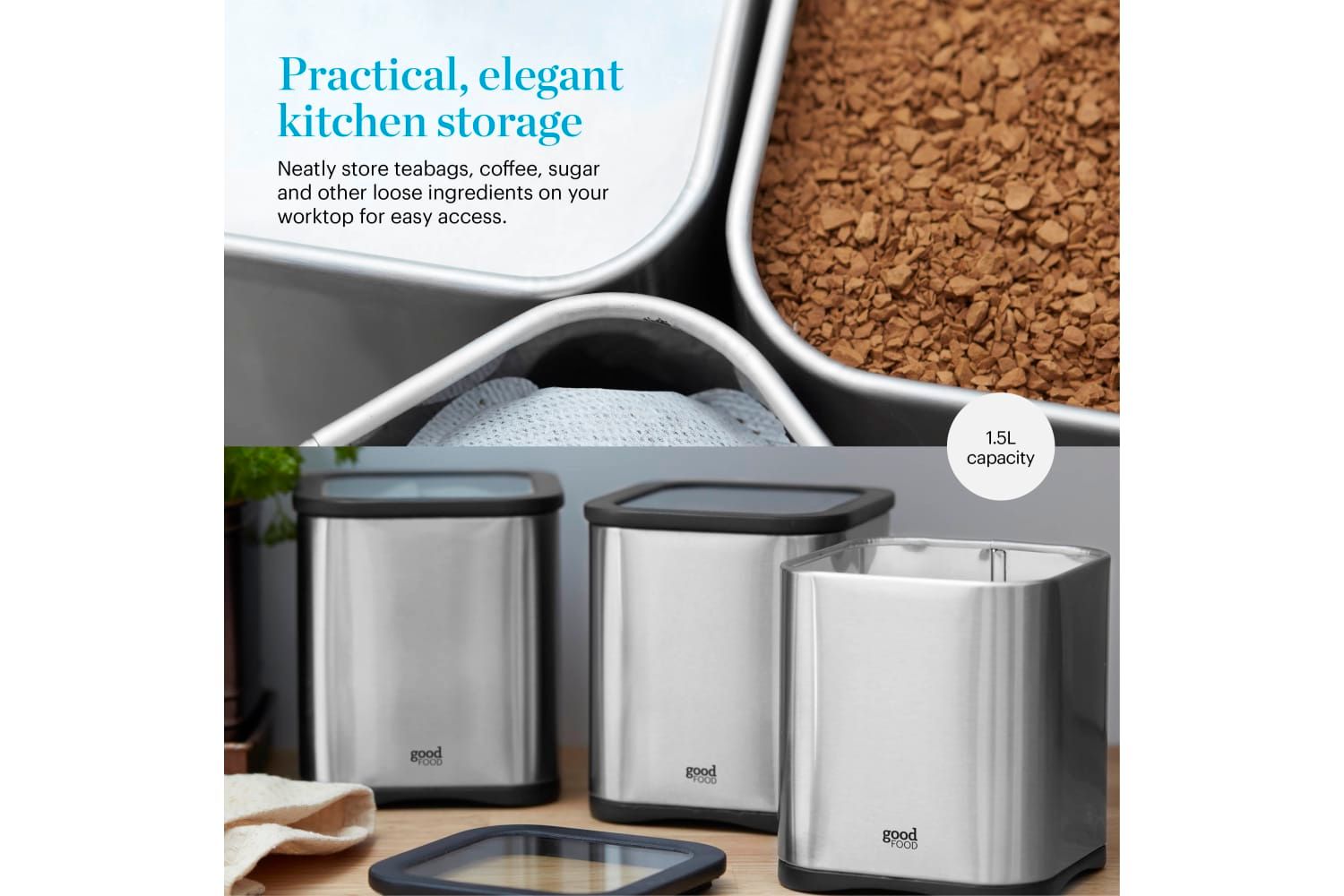 Tower Unisex Set Kitchen Storage Canisters for Tea, Coffee, Sugar & Other Loose Ingredients w/ Mirror Finish, 1.5L, Stainless Steel in Grey