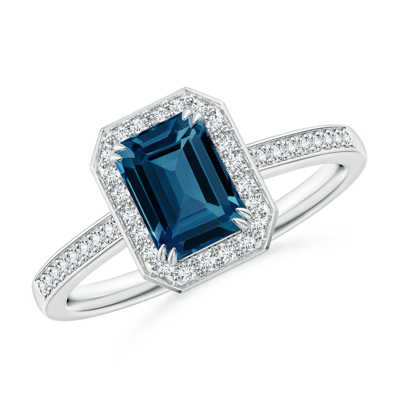 Angara 1.2 Carats Emerald-Cut London Blue Topaz Engagement Ring with Halo in Platinum
