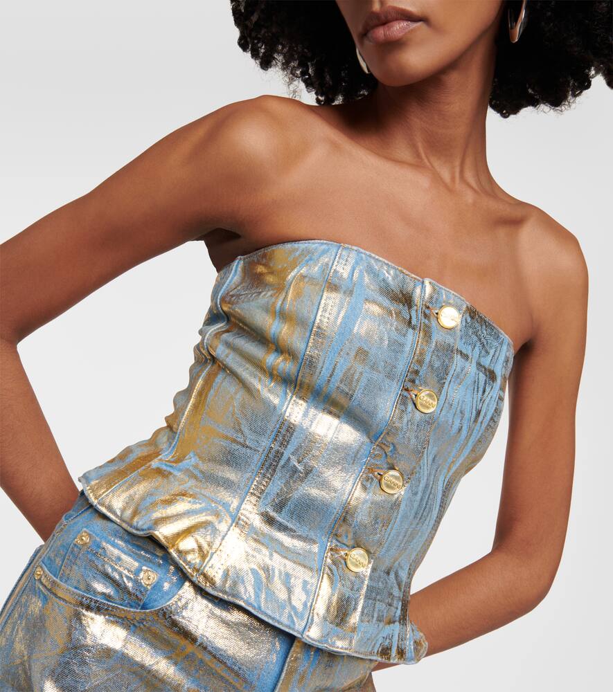 Ganni Gold-foiled denim tube top