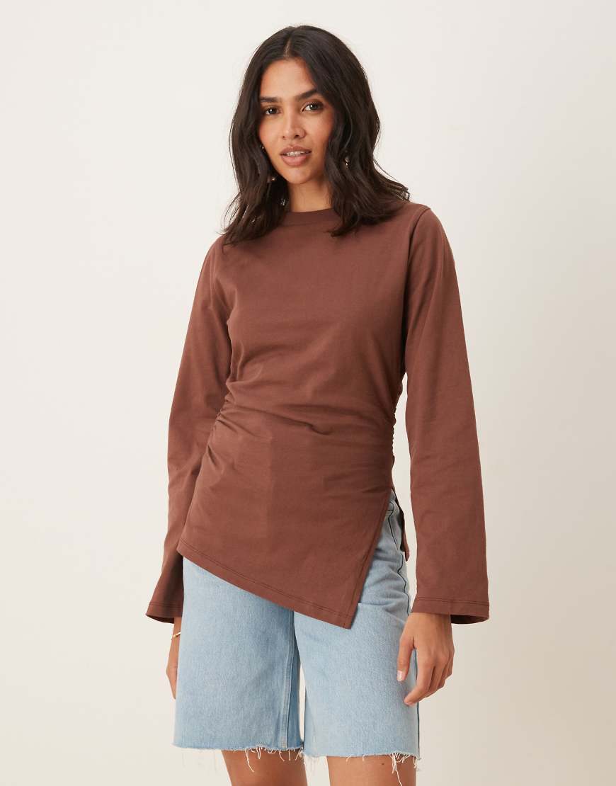 Asymmetric hem long sleeve ruched side top in brown